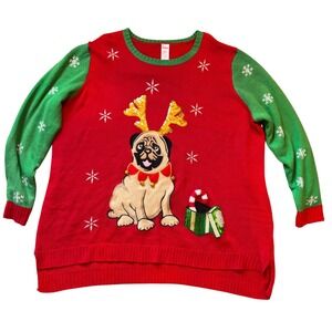Holiday Time Christmas Sweater Pug Dog Reindeer Antlers Classic‎ Red Women's 4X